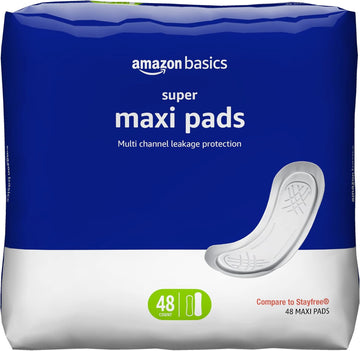 Amazon Basics Thick Maxi Pads For Periods, Super Absorbency, Unscented, 48 Count, 1 Pack (Previously Solimo)