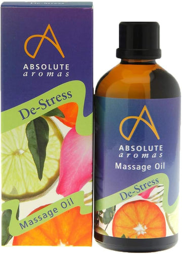 Absolute Aromas De-Stress Massage And Bath Oil 100Ml - Fusion Blend Of Lavender, Frankincense, Sandalwood And Chamomile Essential Oils In Almond, Evening Primrose And Jojoba Base Oil