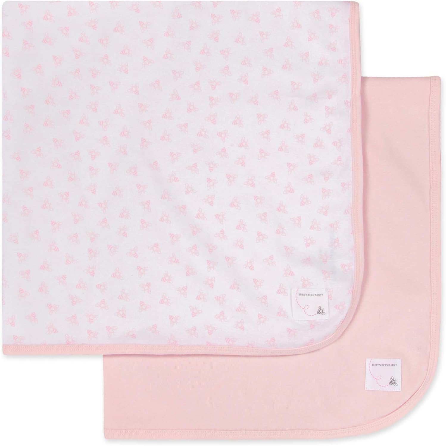 Burt'S Bees Baby - Set Of 2 Bee Essentials 1 Ply Blankets, 100% Organic Cotton (1 Solid + 1 Honeybee Print, Blossom) , 29X29 Inch (Pack Of 2)