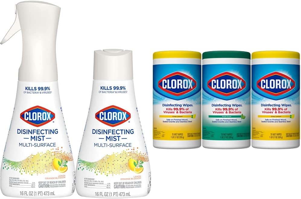 Clorox Cleaning Bundle Disinfecting Mist Lemon And Orange Blossom Scent (1 Spray Bottle & 1 Refill, 16 Fl Oz Each) Disinfecting Wipes (3-Pack, 75Ct Each)