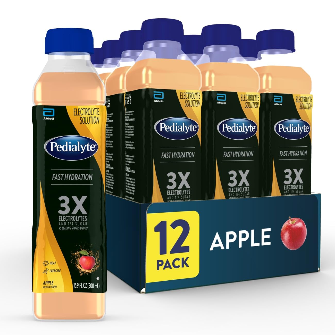 Pedialyte Electrolyte Solution, Apple, Hydration Drink, Half Liter Each 16.9 Fl Oz (Pack Of 12)