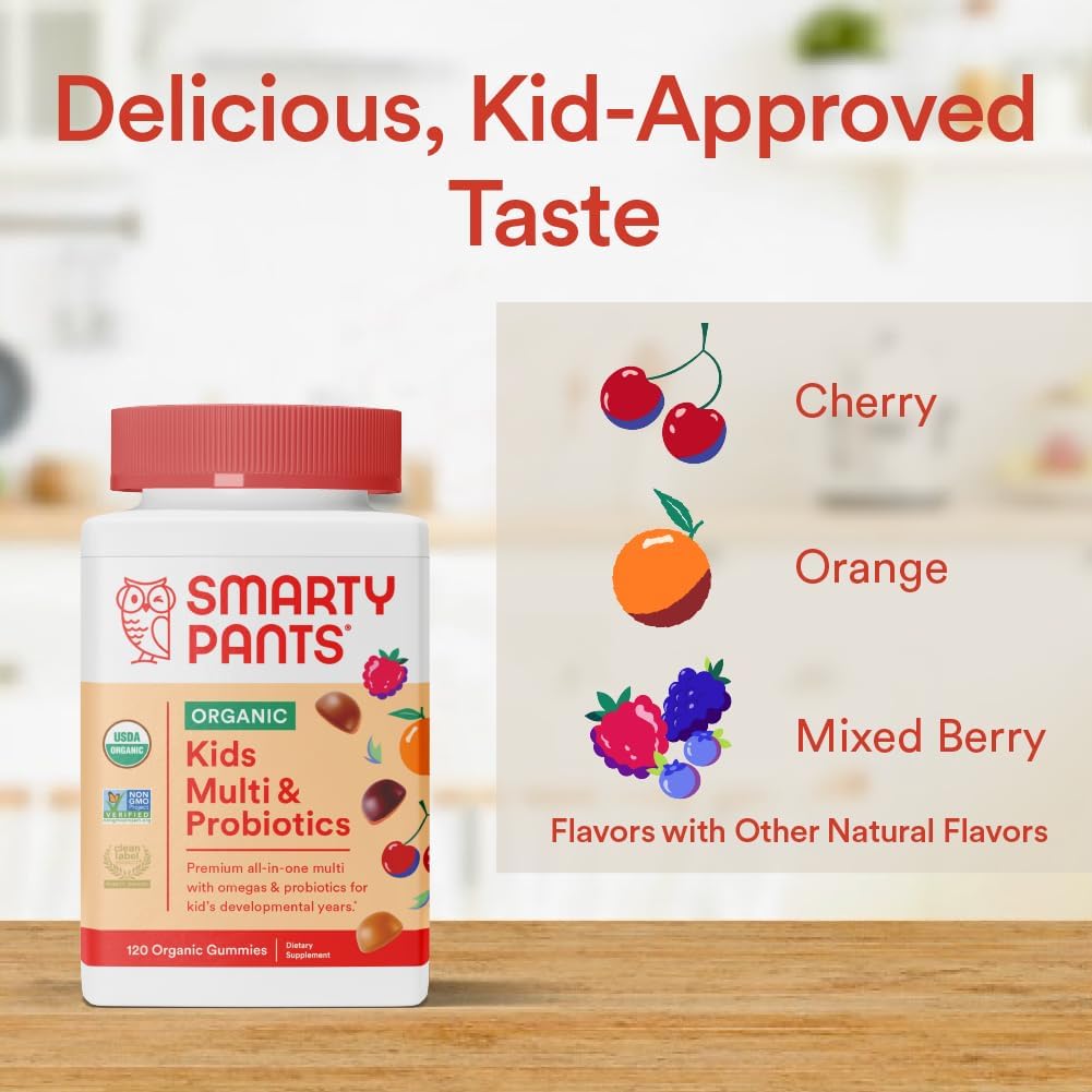 SmartyPants Organic Kids Multivitamin, Daily Gummy Vitamins: Probiotics, Vitamin C, D3, Zinc, & B12 for Immune Support, Energy & Digestive Health, Assorted Fruit Flavor, 120 Gummies, 30 Day Supply