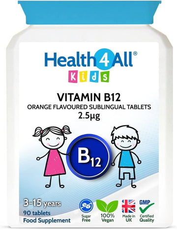 Kids Vitamin B12 2.5Mcg Sublingual 90 Tablets (V) Vegan Methylcobalamin Chewable Tablets For Children. Orange Flavoured. Made In The Uk By Health4All