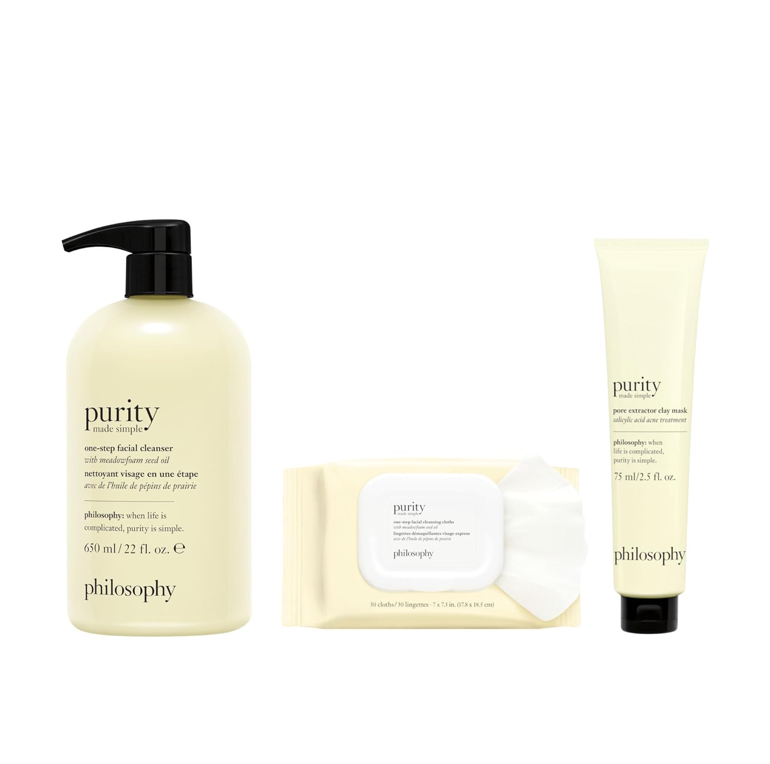 Bundle of philosophy purity made simple -one-step facial cleansing cloths, facial cleanser + pore extractor mask