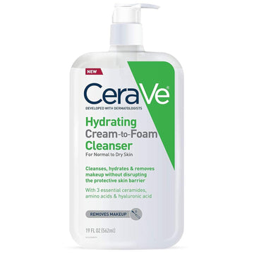 Cerave Hydrating Cream To Foam Cleanser | Makeup Remover Face Wash For Dry Skin | Foaming Facial Cleanser With Hyaluronic Acid | Normal To Dry Skin | Fragrance Free & Non Comedogenic | 19 Fluid Ounce