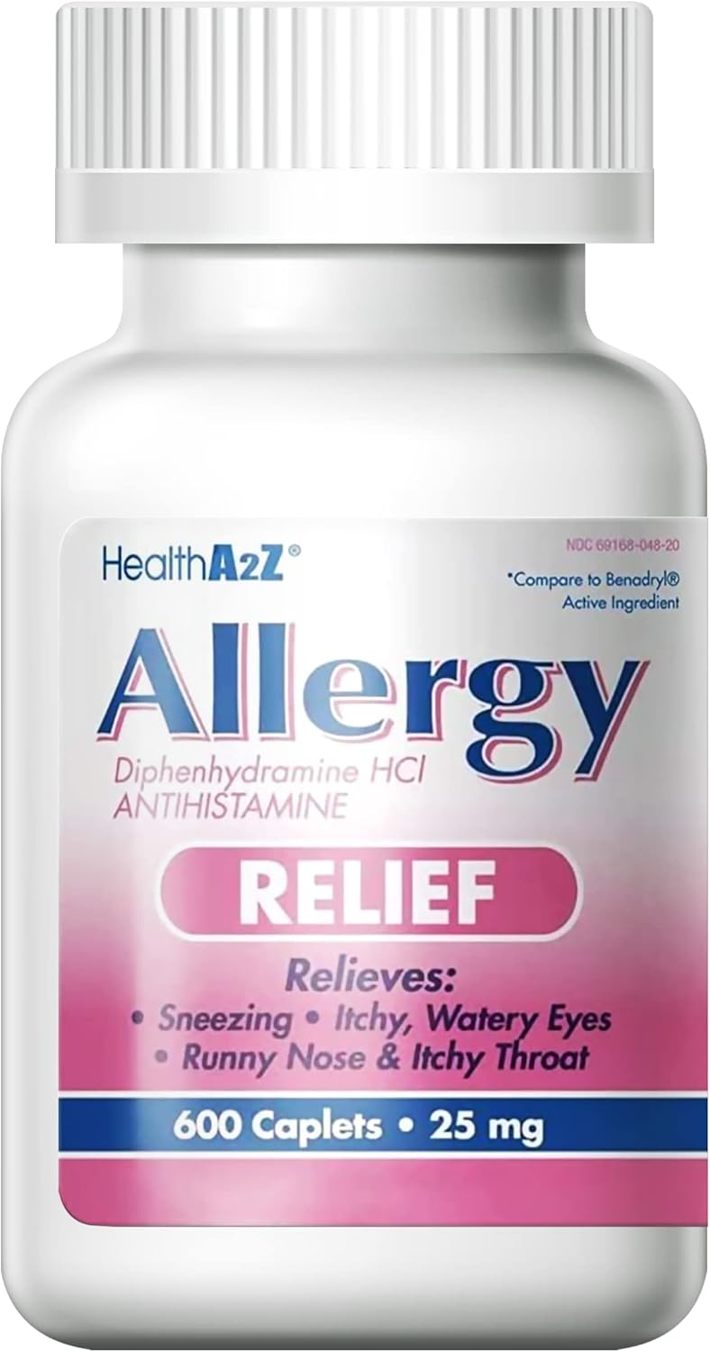 Healtha2Z® Allergy Relief | Diphenhydramine Hcl 25Mg | Antihistamine | Relief From Itchy Throat, Sneezing, Runny Noses | Indoor & Outdoors Allergies (600 Caplets (Pack Of 1))