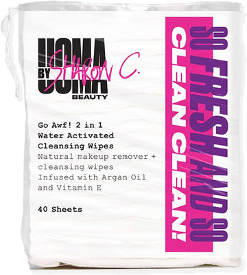 Uoma By Sharon C. Face Wipes - Go Awf 2 In 1 Water Activated Makeup Removal Pads. Biodegradable Cotton Pads With Argan Oil + Vitamin E. 40 Wipes