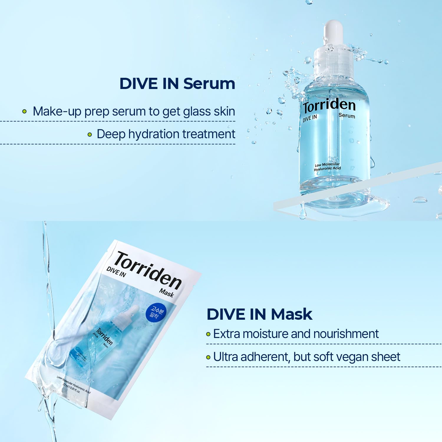 TORRIDEN DIVE-IN Low-Molecular Hyaluronic Acid Serum, 1.69 fl oz + Sheet Masks 10EA | Vegan Clean Cruelty Free Facial Ampoule cellulose mask pack Alcohol-free Fragrance-free : Beauty & Personal Care