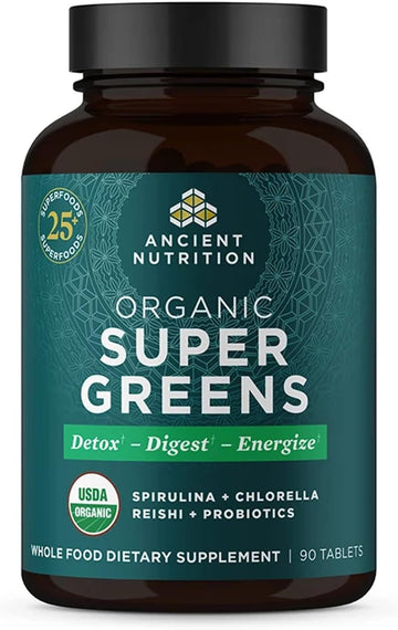 Ancient Nutrition Super Greens With Probiotics, Organic Superfood Tablets Made From Spirulina, Chlorella, Moringa, And A Resilient Probiotic, 30 Servings, 90 Count