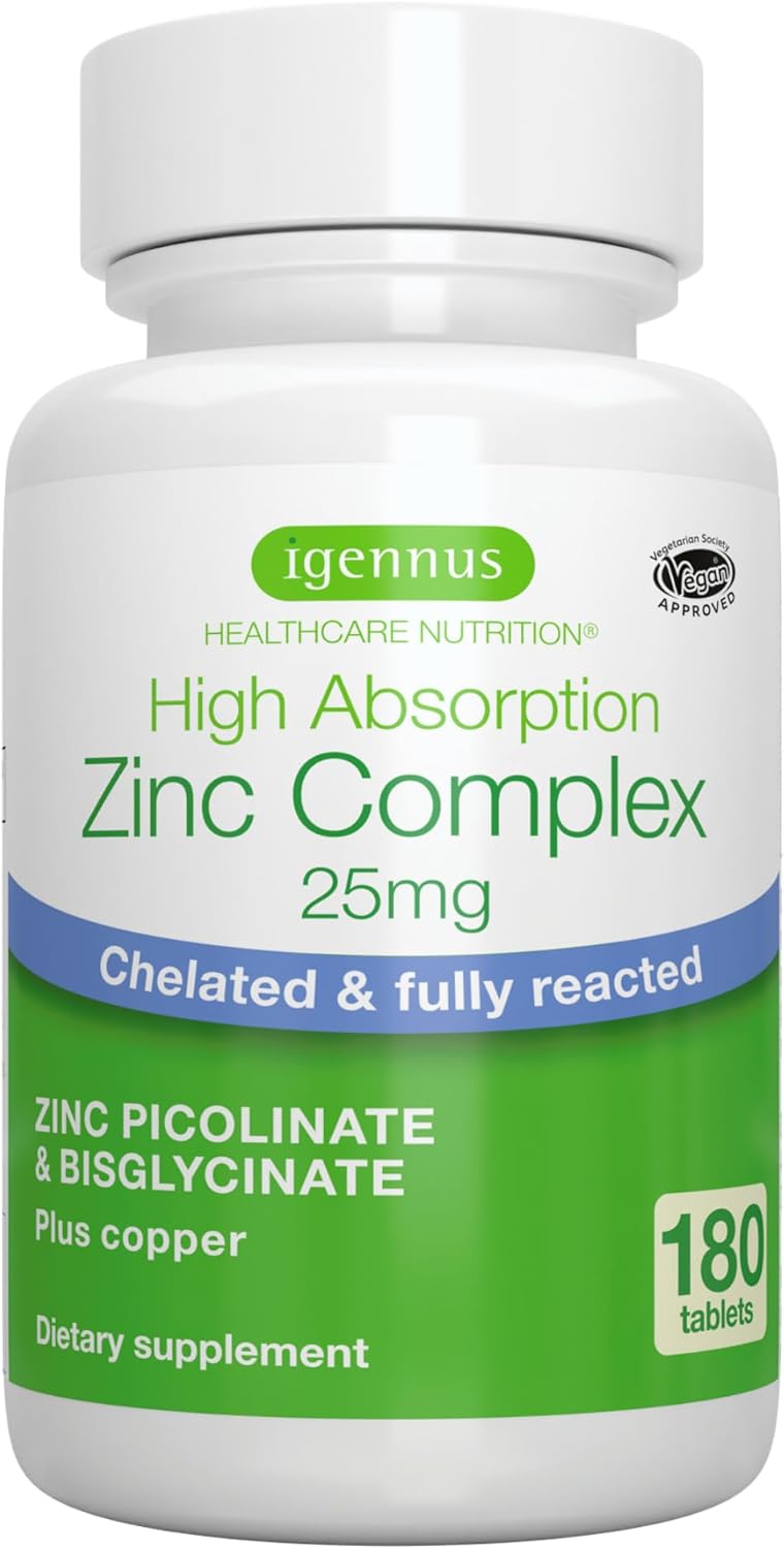 Chelated Zinc Picolinate & Bisglycinate Complex With Copper, 25Mg Zinc, 180 Tablets, Clean Label, Zinc For Immune, Skin And Cellular Health, High Absorption, Vegan, Non-Gmo, 6 Month Supply, By Igennus