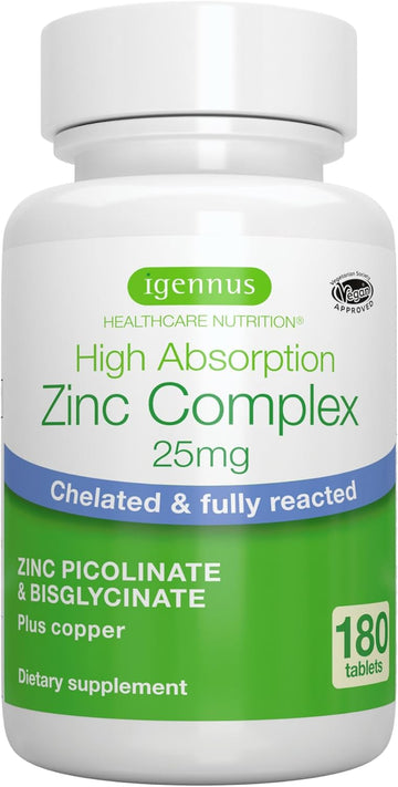 Advanced & Chelated Zinc Picolinate & Bisglycinate Complex 25Mg With Copper, Supplement For Women & Men, Clean Label & Vegan, Immune, Skin And Cellular Health, High Absorption, 180 Tablets, By Igennus