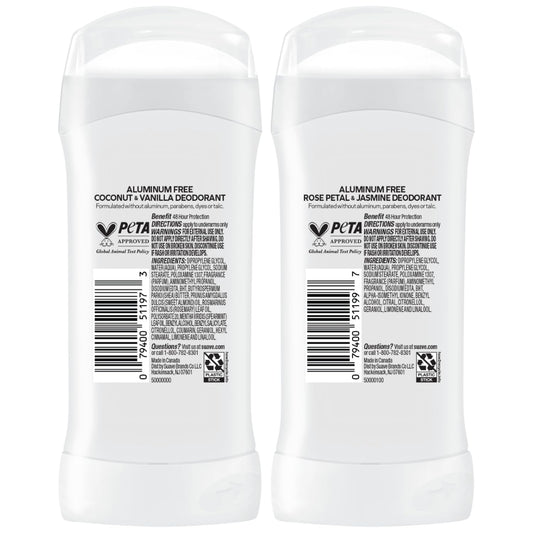 Suave Aluminum-Free Deodorant Variety 2-Pack – Coconut & Vanilla + Rose Petal & Jasmine, 48H Odor Protection, Free Of Parabens, Dyes & Talc, 2.7 Oz Ea