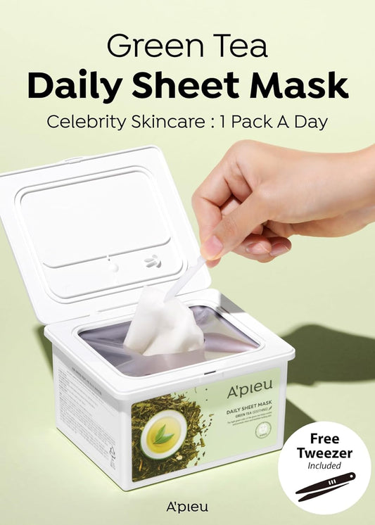 A'Pieu Daily Sheet Mask (Green Tea) - Moisturizing Korean Face Masks, 30-Day Supply, Lyocell Fabric For Comfort, Saturated With Green Tea Extract Essence