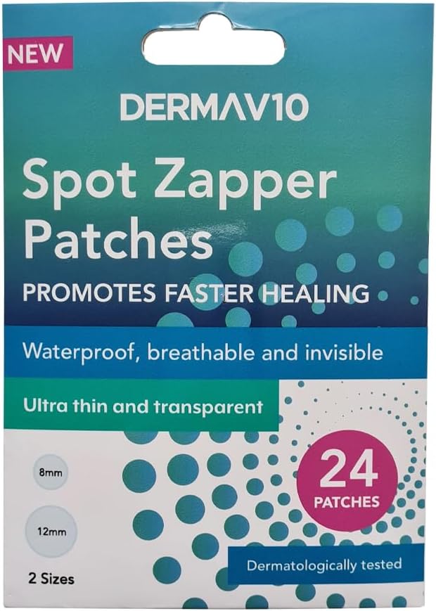 Healthpoint Derma V10 Spot Zapper Patches, Pack Of 24 Hydrocolloid Patches For Faster Healing For Blemishes And Pimples, Waterproof, Breathable, Durable, Invisible, Dermatologically Tested, 2 Sizes