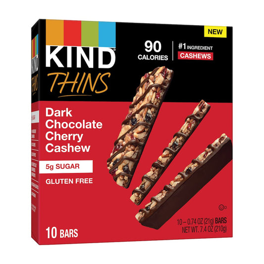 Kind Thins Dark Chocolate Cherry Cashew, 0.74 Ounce, 10 Count, Gluten Free Bars, 5G Sugar (60 Bars)