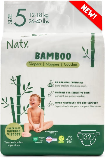 Naty Bamboo Viscose Baby Diapers – Silky Soft, Plant Based, Dermatologically Tested For Sensitive Skin & Super Absorbent (Size 5, 132 Count)