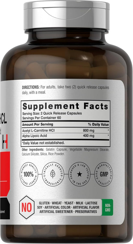 Horbäach Acetyl L Carnitine Hcl & Alpha Lipoic Acid 1200Mg | 120 Capsules | Alc Ala Complex | Non-Gmo & Gluten Free Supplement