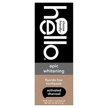 Hello Epic Whitening Charcoal Fluoride Free Toothpaste, Activated Charcoal Toothpaste With Coconut Oil, Whitens Teeth Naturally, Sls Free, Fresh Mint, 4.0 Oz Tube