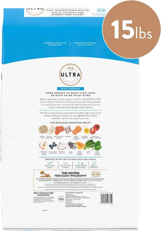 Nutro Ultra Adult Weight Management High Protein Natural Dry Dog Food For Weight Control With A Trio Of Proteins From Chicken, Lamb And Salmon, 15 Lb. Bag