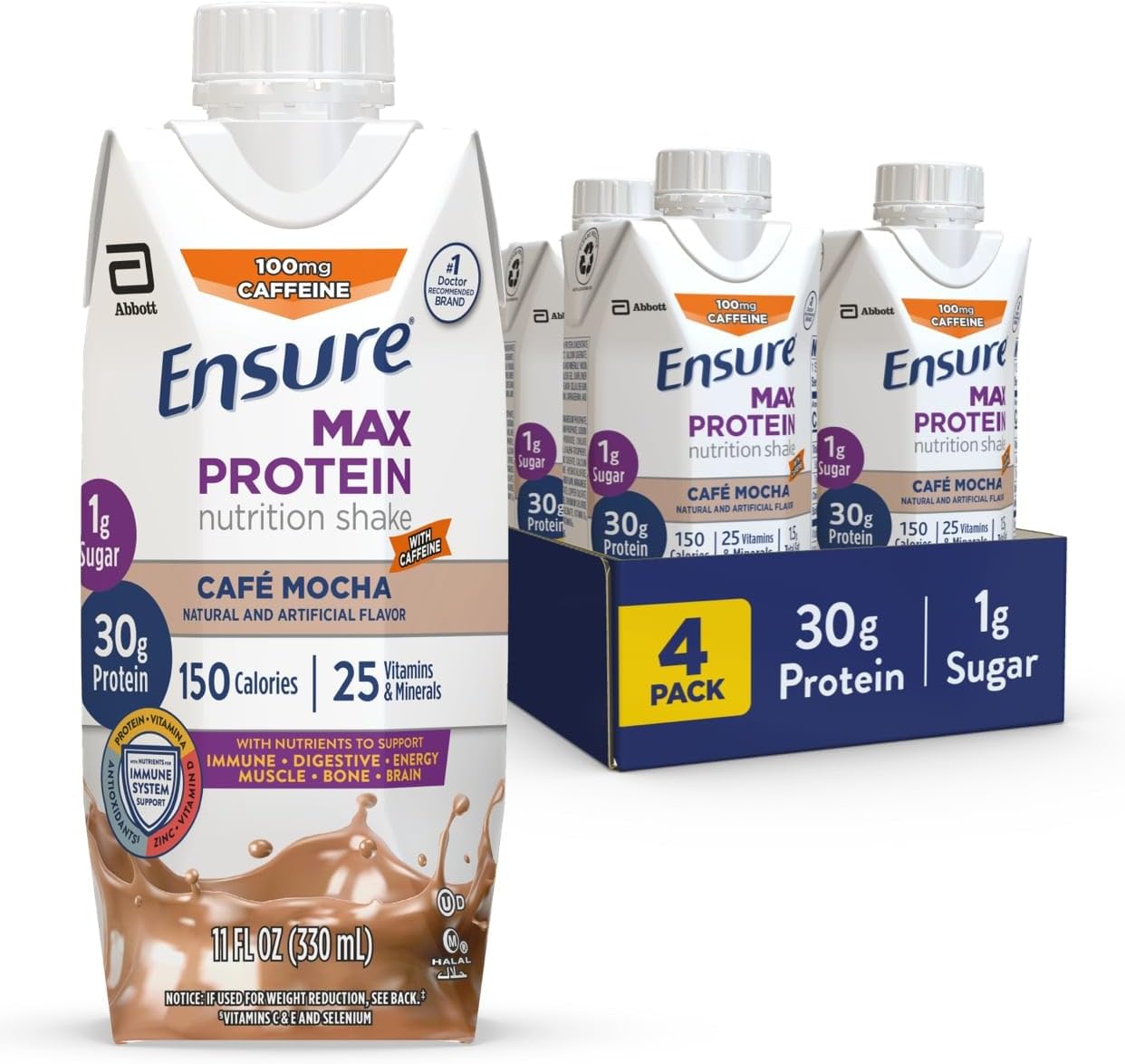 Ensure Max Protein Cafe Mocha Nutrition Shake | 30G Protein, 1G Sugar, 4G Fiber Blend | 4 Pack