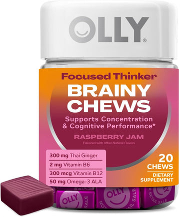 Olly Focused Thinker Brainy Chews, Omega-3 Ala, Vitamins B6 & B12, Plus Thai Ginger Extract For Alertness, Concentration & Cognitive Performance Support, Vegetarian, Raspberry, 20 Count