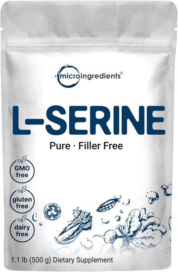 Pure L Serine Powder, 500 Grams (250 Day Supply), Filler Free, Supports Production Of L-Cystine & L-Tryptophan For Brain Health, Water Soluble, No Gmos, No Gluten