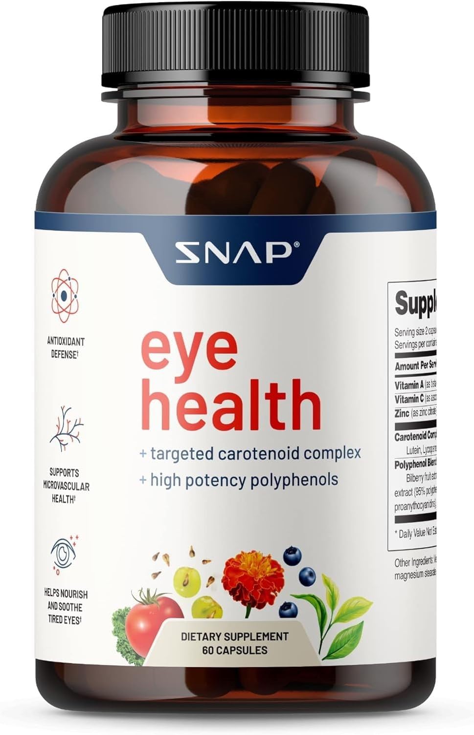 Snap Eye Health Supplements For Adults, Lutein And Zeaxanthin Supplements, Bilberry Extract, Lycopene Supplement, Support Eye Health, Natural Carotenoid Complex, Eye Vitamins And Herbs, 60 Capsules