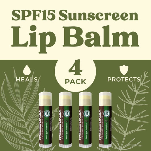 SPF Lip Balm 4-Pack by Earth's Daughter - Lip Sunscreen, SPF 15, Organic Ingredients, Eucalyptus Mint Flavor, Beeswax, Coconut Oil, Vitamin E - Hypoallergenic, Paraben Free, Gluten Free