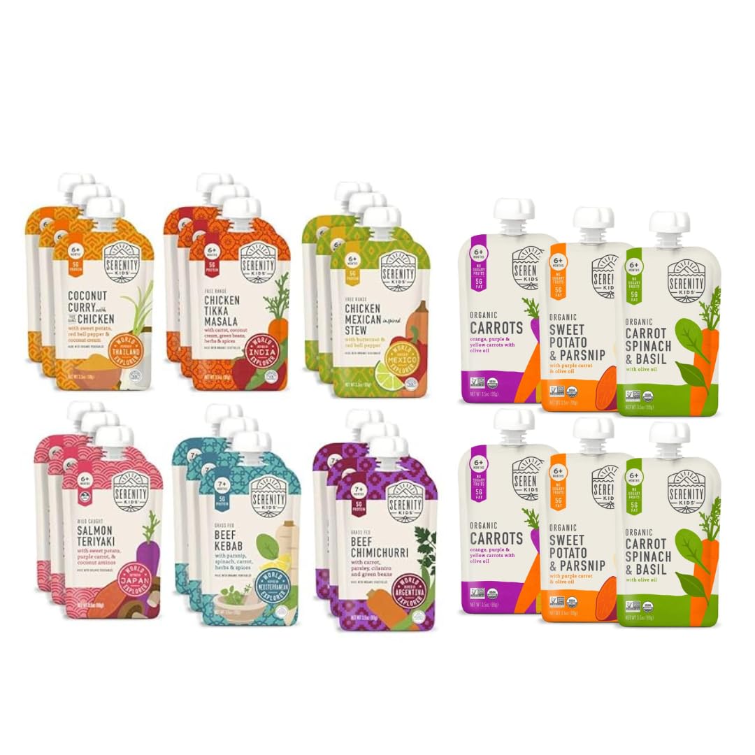 Serenity Kids 6+ Months Veggie Pouches And World Explorer Meats Variety Pack Baby Food Bundle | Veggies And World Explorer Meats Variety Pack (26 Count)…