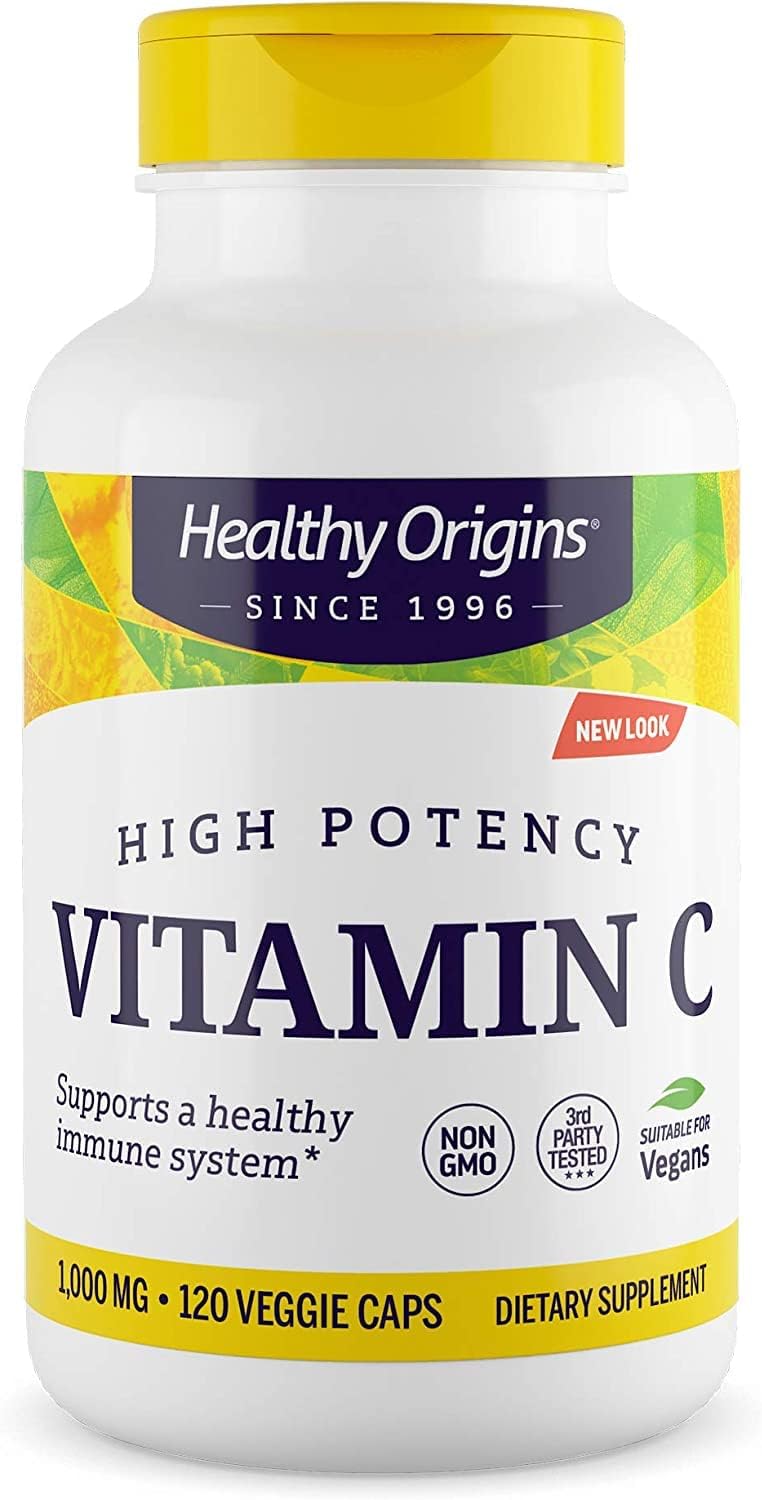 Healthy Origins Vitamin C (Non-GMO), 1,000 mg - Vegan Vitamin C - Ascorbic Acid for Immune Support - Supports Cell Function - Vegan, Gluten-Free & Non-GMO Supplement - 120 Veggie Capsules