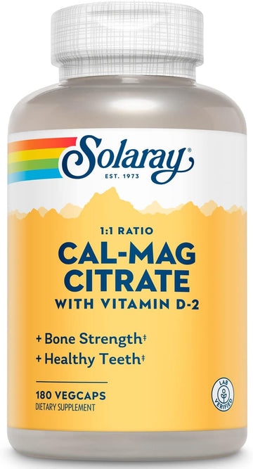 Solaray Calcium Magnesium Citrate 1:1 Ratio W/Vitamin D 2 - Calcium Supplements For Women And Men - Calcium 1000Mg, Magnesium 1000Mg - Bone Health Support - 60-Day Guarantee, 30 Servings, 180 Vegcaps