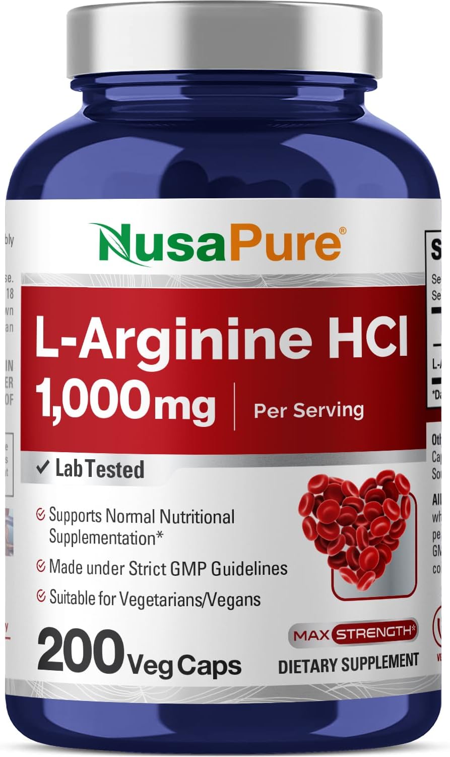 Nusapure L-Arginine 1000 Mg 200 Veggie Capsules (Non-Gmo, Vegetarian, Vegan)