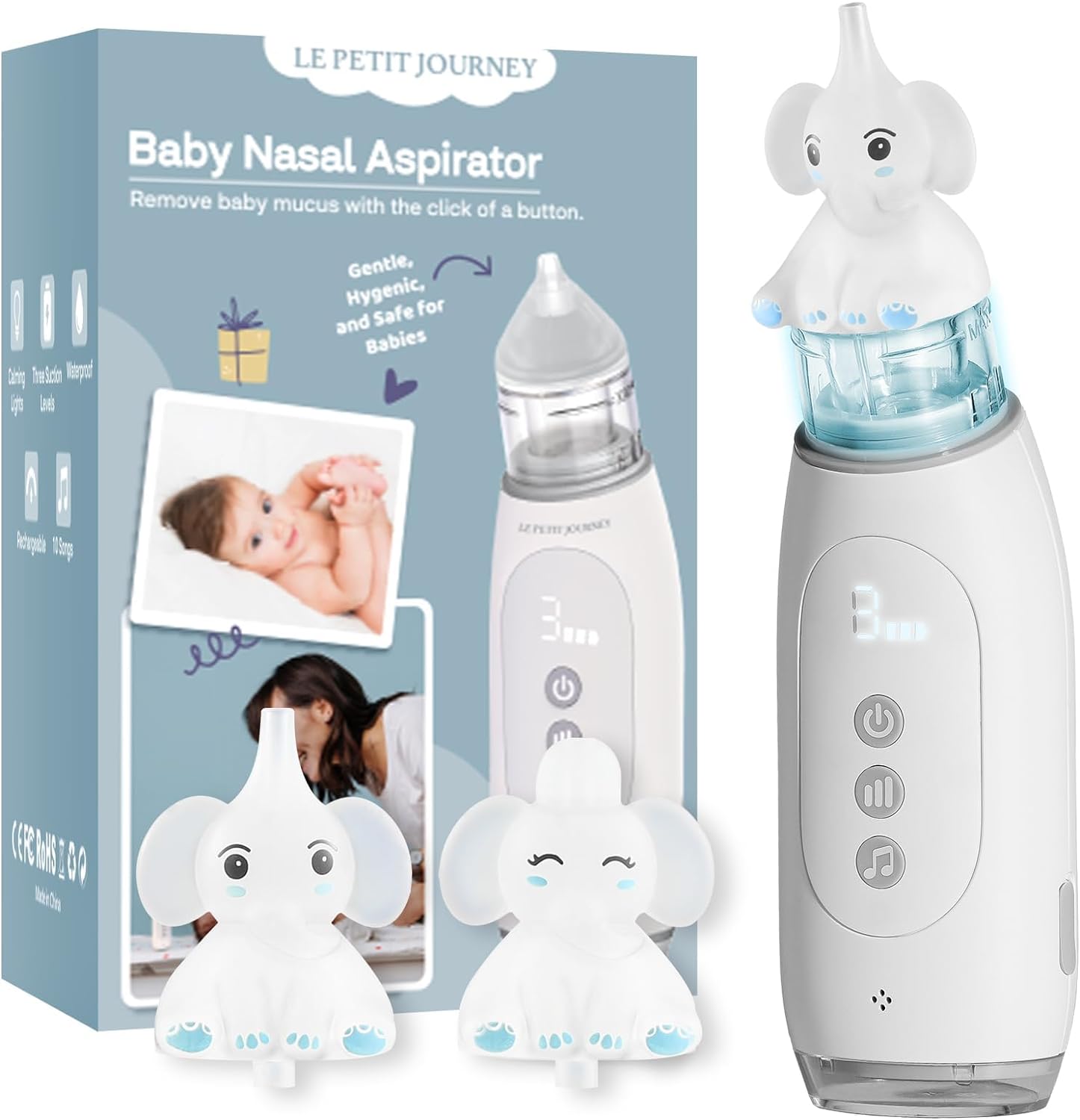 Nasal Aspirator for Baby with Elephant Tip, Electric Baby Nose Sucker, Baby Nasal Aspirator, Nose Sucker for Baby, Electric Nose Suction for Baby, Booger Sucker for Baby & Toddler with Music and Light