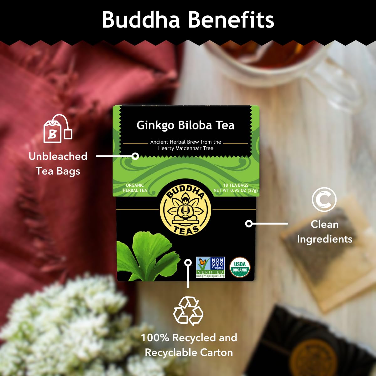 Buddha Teas - Organic Ginkgo Biloba Tea - Herbal Tea - For Health & Wellbeing - With Antioxidants & Minerals - Clean Ingredients - Caffeine Free - OU Kosher & Non-GMO - 18 Tea Bags (Pack of 1) : Grocery & Gourmet Food