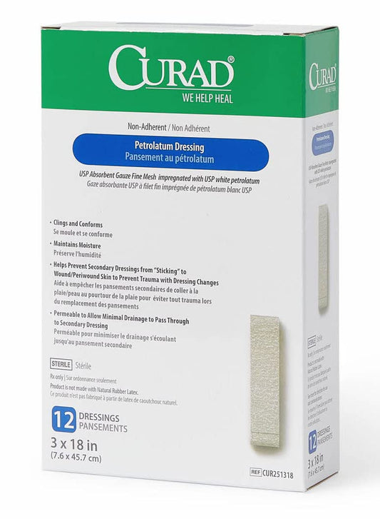 Curad Sterile Latex Free Petrolatum Gauze Dressing, 3" X 18" (Pack Of 72)