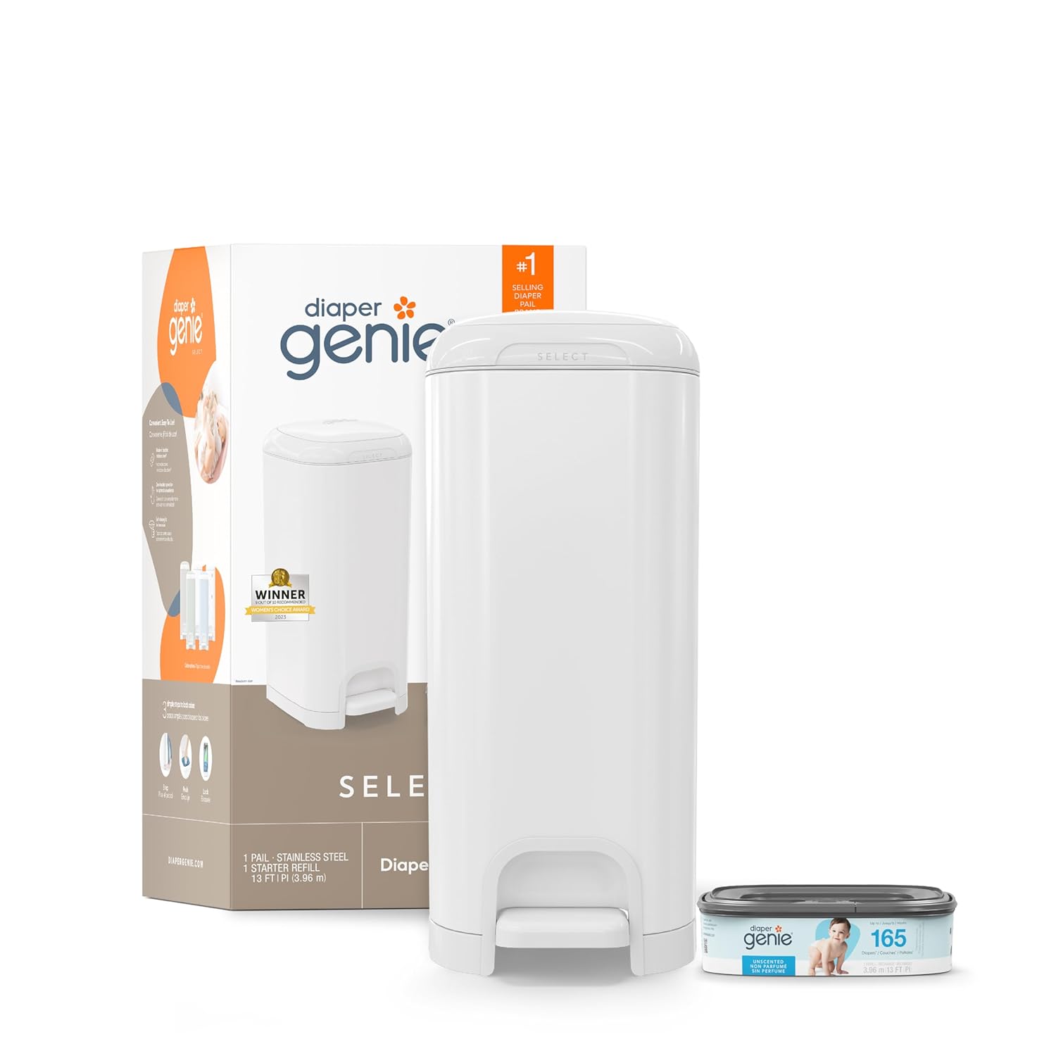 Diaper Genie Select Pail Is Made Of Durable Stainless Steel And Includes 1 Starter Square Refill That Can Hold Up To 165 Newborn-Sized Diapers