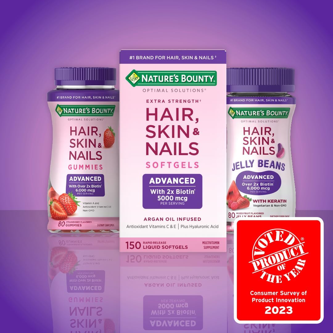 Nature's Bounty Optimal Solutions Advanced Hair, Skin, Nails, 2X Biotin, 80 Strawberry Gummies : Health & Household