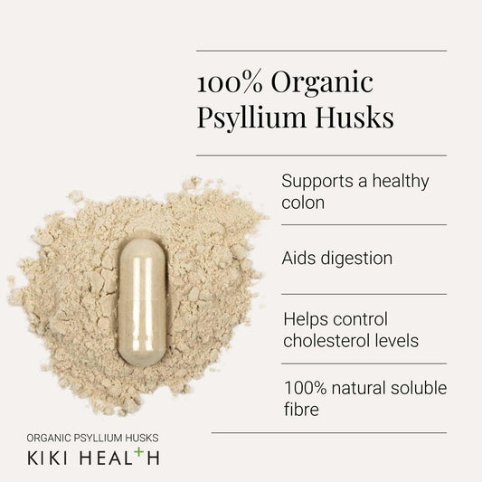 Kiki Health Organic Psyllium Husks Fibre Supplement | Natural Soluble Fibre Supplement From Plantago Ovata Seeds | 120 Psyllium Husks Capsules Vegan Gluten-Free | Easy Digest Psyllium Husk - 850Mg