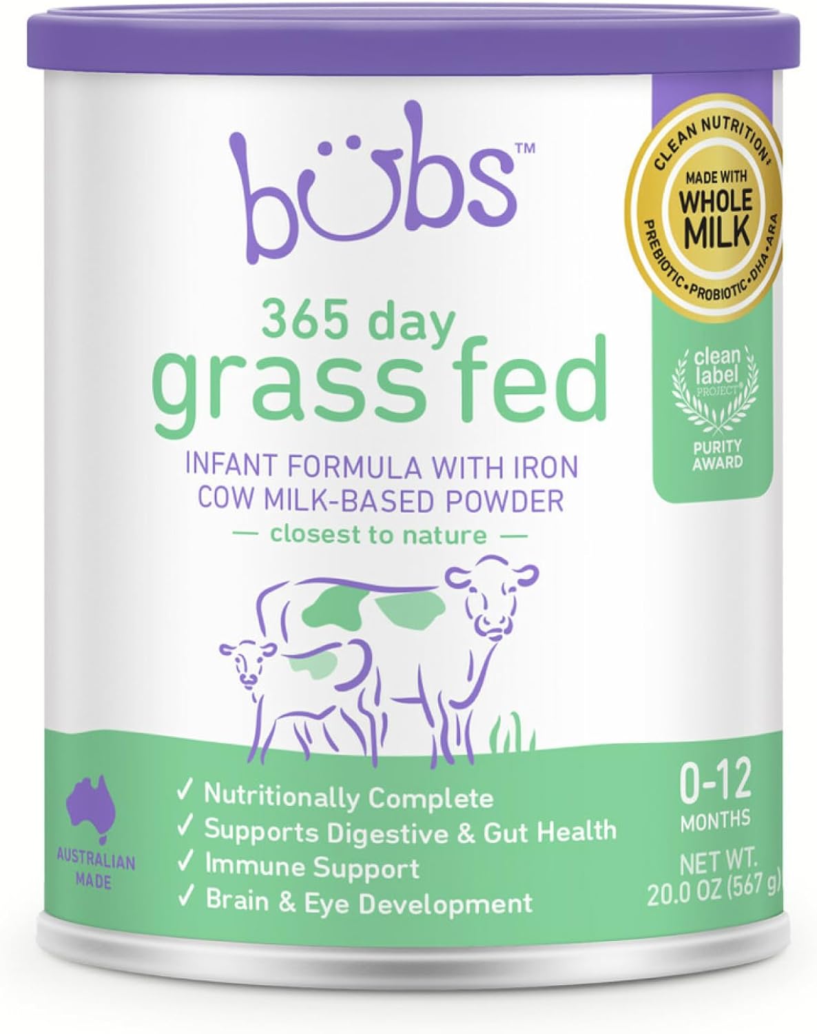 Bubs 365 Day Grass Fed Infant Formula With Iron, Cow Milk-Based Powder For Infants 0-12 Months, Made With Non-Gmo Milk, 20 Oz