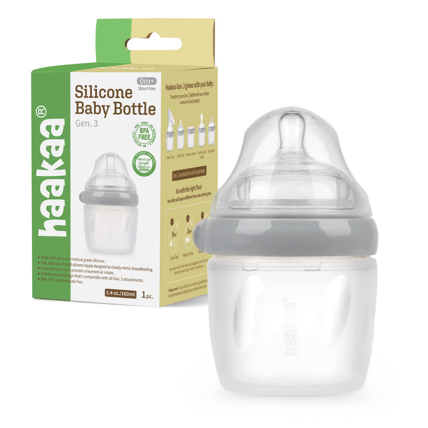 haakaa Gen.3 Silicone Baby Bottle (5oz/160ml, Grey)