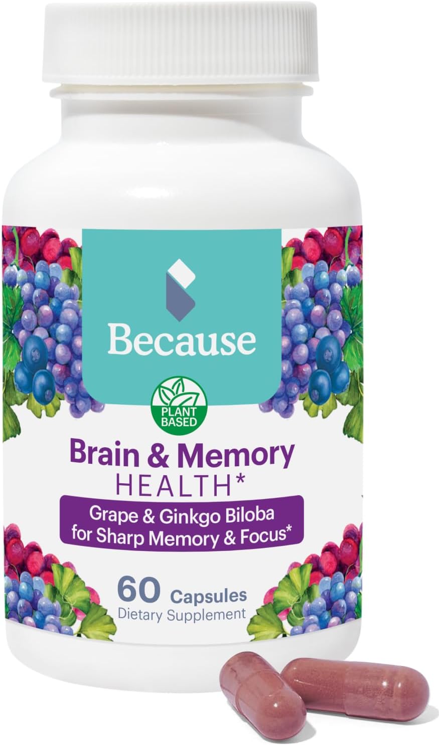 Because Brain Supplement For Memory And Focus, Improve Concentration For Mental Clarity, Cognitive Enhancement, Executive Function, Gluten Free, Non-Gmo Capsules - 740Mg Serving - 60 Capsules