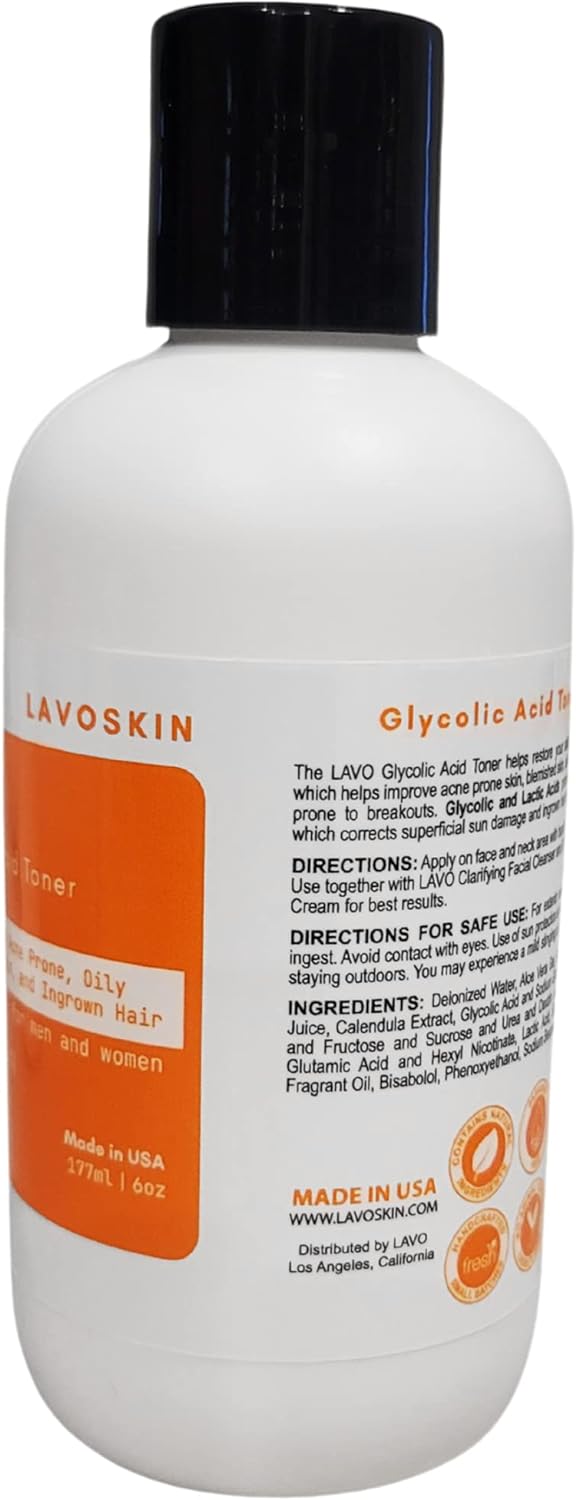 Glycolic Acid Toner 10% by LAVO - Facial Astringent for Oily, Problem, & Acne Prone Skin - Face Wrinkles and Fine Lines - Contains Lactic Acid & Vitamin C - Use with Pads - for Men and Women : Beauty & Personal Care