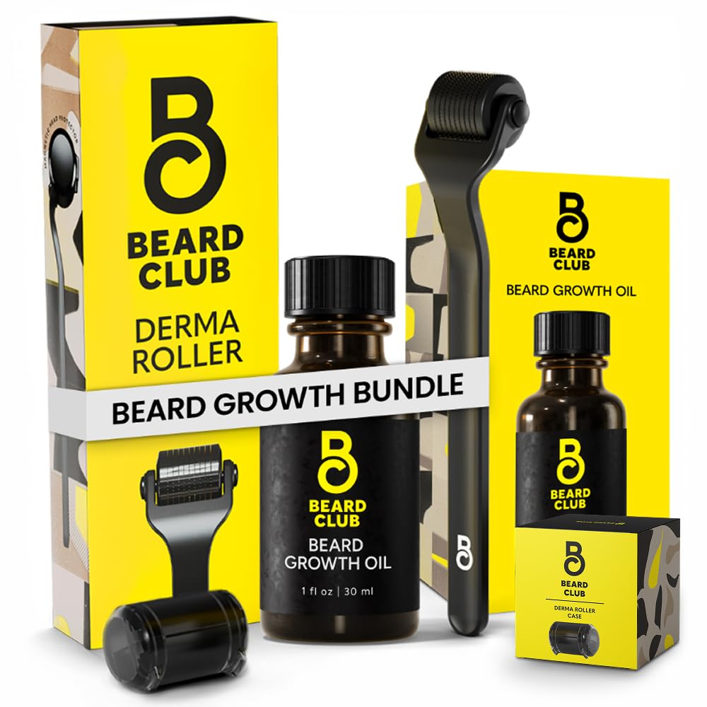 Beard Club Premium Derma Roller & Beard Growth Oil - Microneedling Roller With 540 Titanium Microneedles For Face, Body And Scalp - Beard Roller With Sandalwood & Cedar Beard Oil