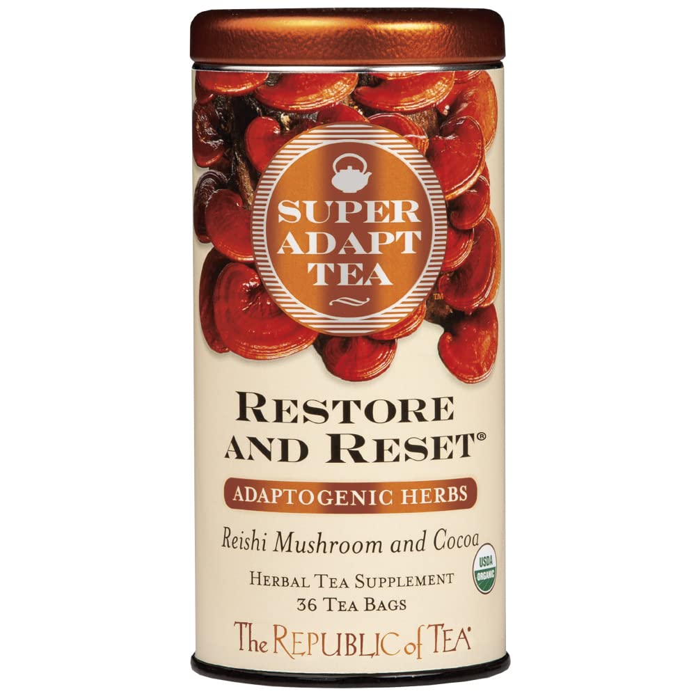 The Republic Of Tea - Restore And Reset Superadapt Herbal Tea, 36 Tea Bags, Organic, Caffeine Free, Reishi Mushroom And Cocoa Herbal Tea
