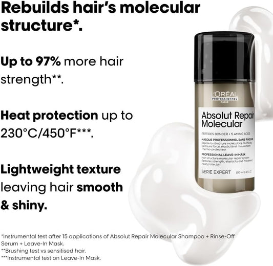 L’Oréal Professionnel Absolut Repair Molecular Leave-In Hair Mask 100Ml, For Extremely Damaged Hair, Molecular Peptides Bond Repair, Restore Strength & Elasticity, Hair Treatment