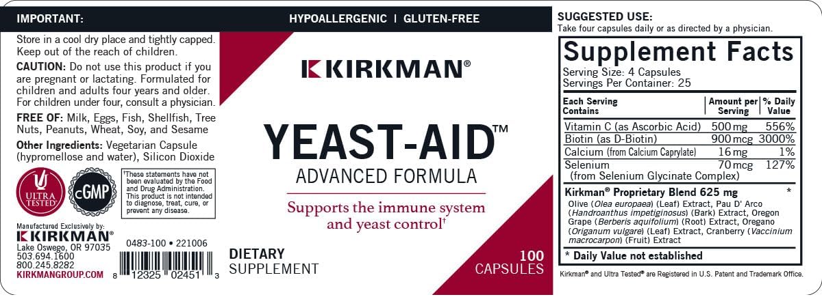 Kirkman Yeast-Aid Advanced Formula | 100 Vegetarian Capsules : Health & Household