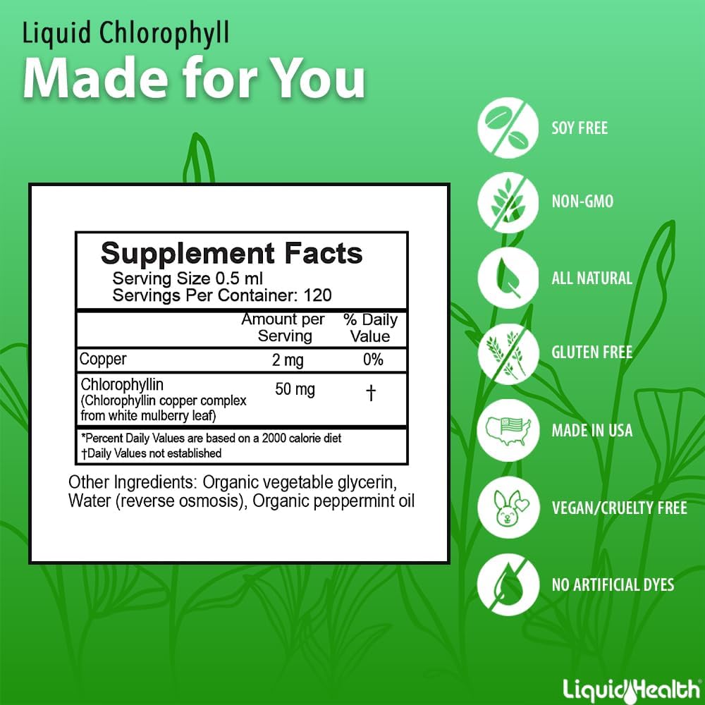 LIQUIDHEALTH Liquid Chlorophyll Drops - Internal Deodorizer, Liver Detox, Immune Support, Stop Bad Breath, Reduce Appetite, Vegan, Non-GMO (2 Oz) : Health & Household