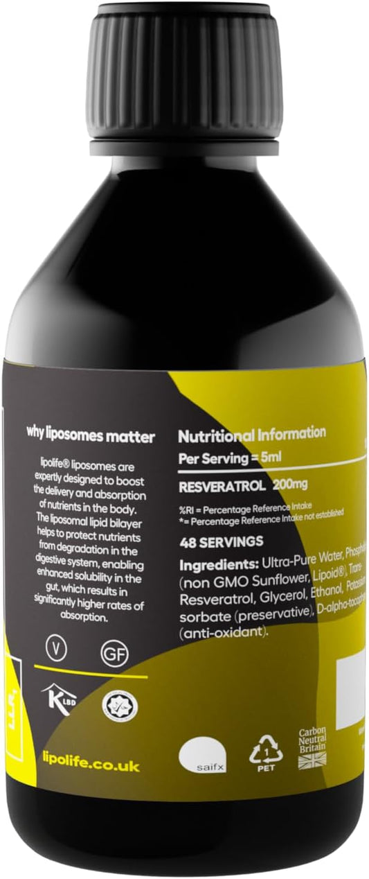 High Strength Liposomal Trans-Resveratrol. Advanced Nutrient Delivery From Lipolife. Targeting Cellular Absorption. 240Ml. No Flavours Or Sweeteners