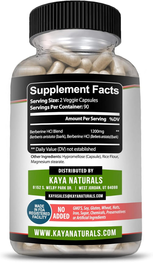 Kaya Naturals Berberine Hcl Extract 1200Mg - Supports Strong Immune System - Helps With Glucose Levels, Improve Gut Health (Vegetarian, Non-Gmo & Gluten-Free) Berberine Supplement (180 Count)