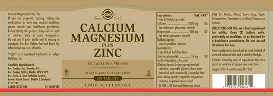 Solgar Calcium Magnesium Plus Zinc Tablets - Pack Of 250 - Healthy Bones, Teeth & Muscles - Supports Health Of Nervous System - Vegan